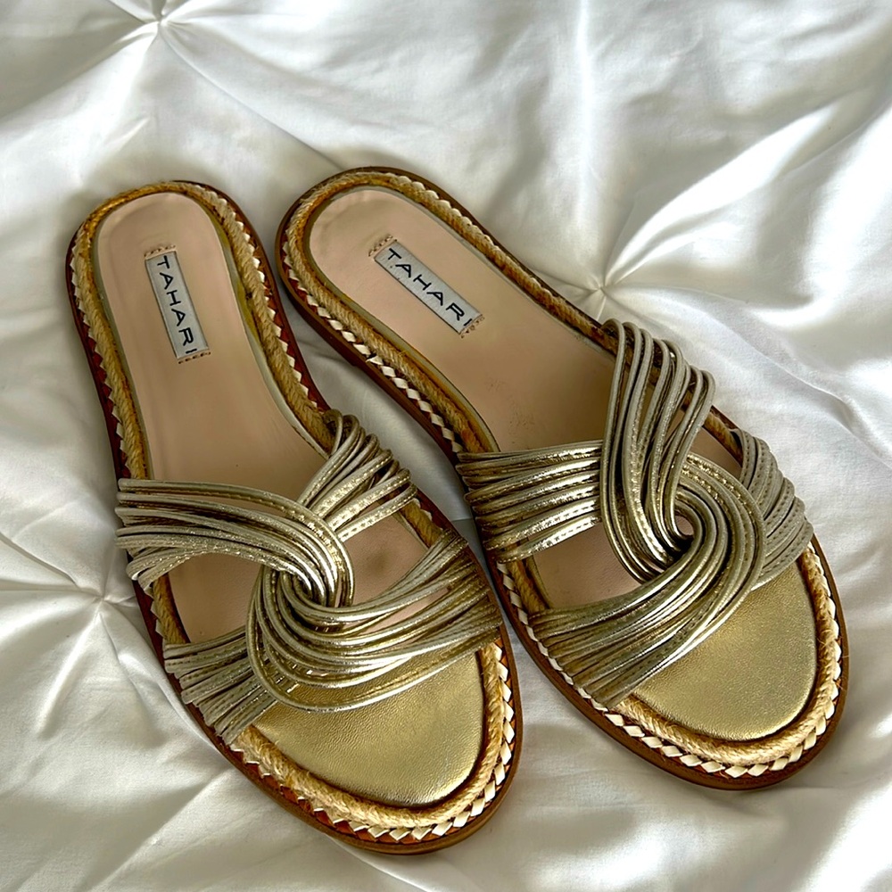TAHARI - Gold Braided Leather Sandals with Espadrille Edge Woman’s 6.5 NEW